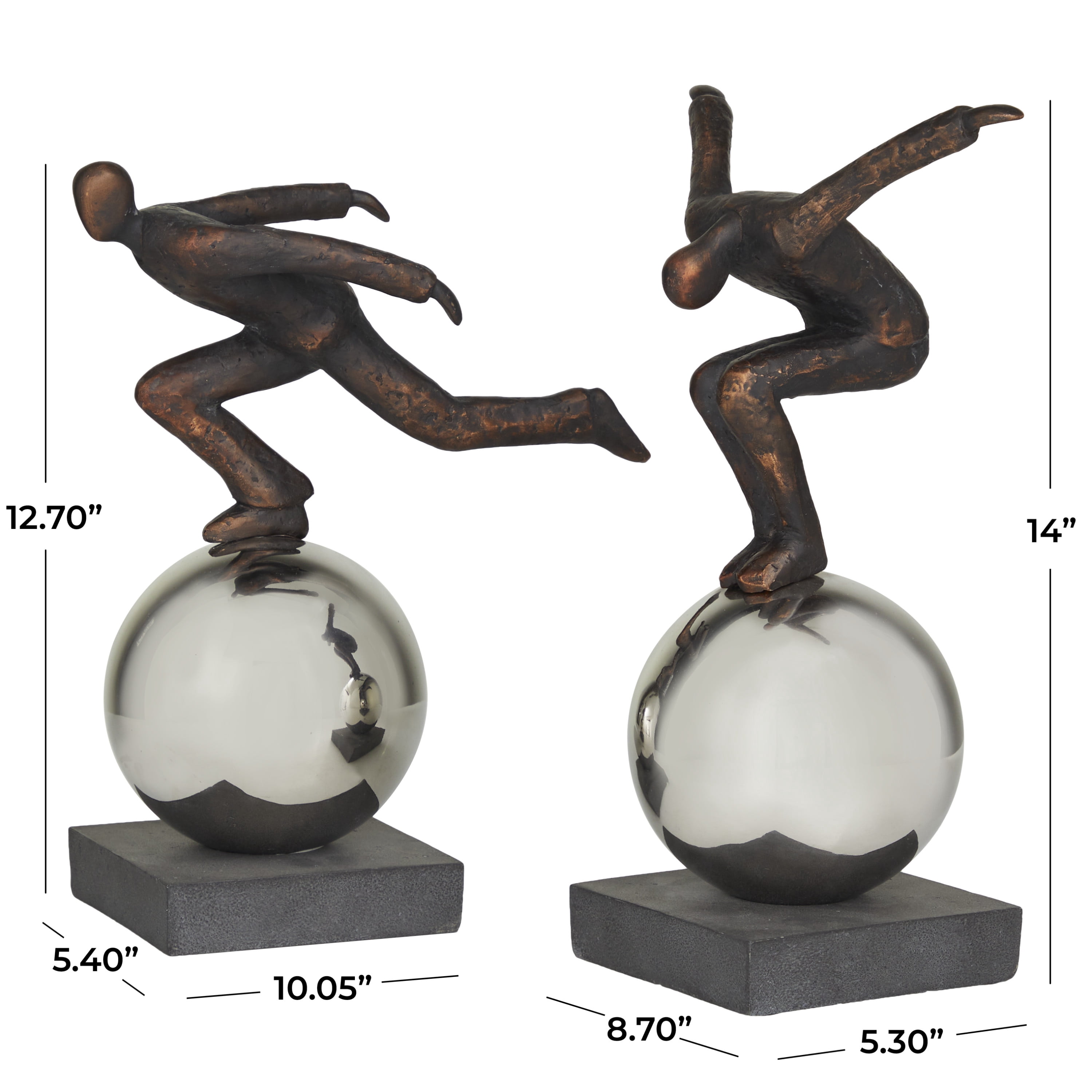 13", 14"H Bronze Polystone People Sculpture with Silver Ball Stands, by DecMode (2 Count)