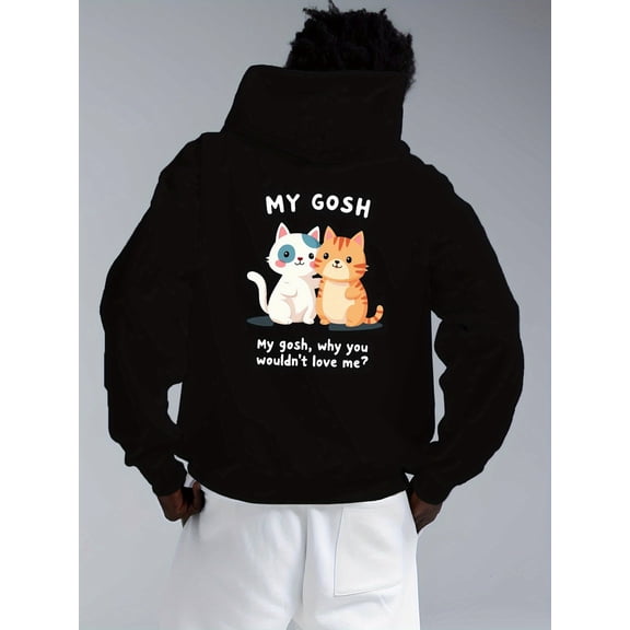 Men'S Plus Size Funny Cat Graphic Hoodie - "My Gosh Why Wouldn't You Love Me?" Print Black Pullover Sweatshirt with Playful Cartoon Cats, Loose Fit Long Sleeve Casual Winter Hooded Sweater for Men &