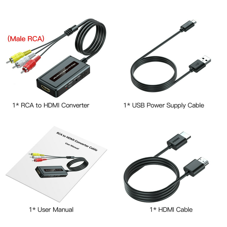 Male RCA to HDMI Converter with HDMI Cable, RCA HDMI Adapter for DVD/ STB/ Sky with Female RCA Output, RCA In HDMI Out Converter Supports 720P/ 1080P HDMI Output Switch -