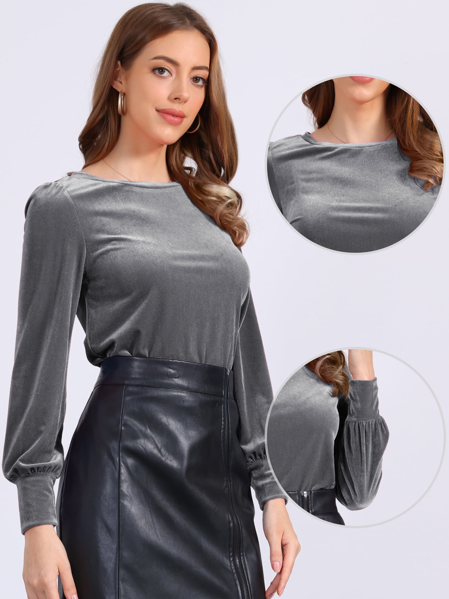 DARING DIVA Women's Velvet Crew Neck Puff Long Sleeve Blouses XS Grey