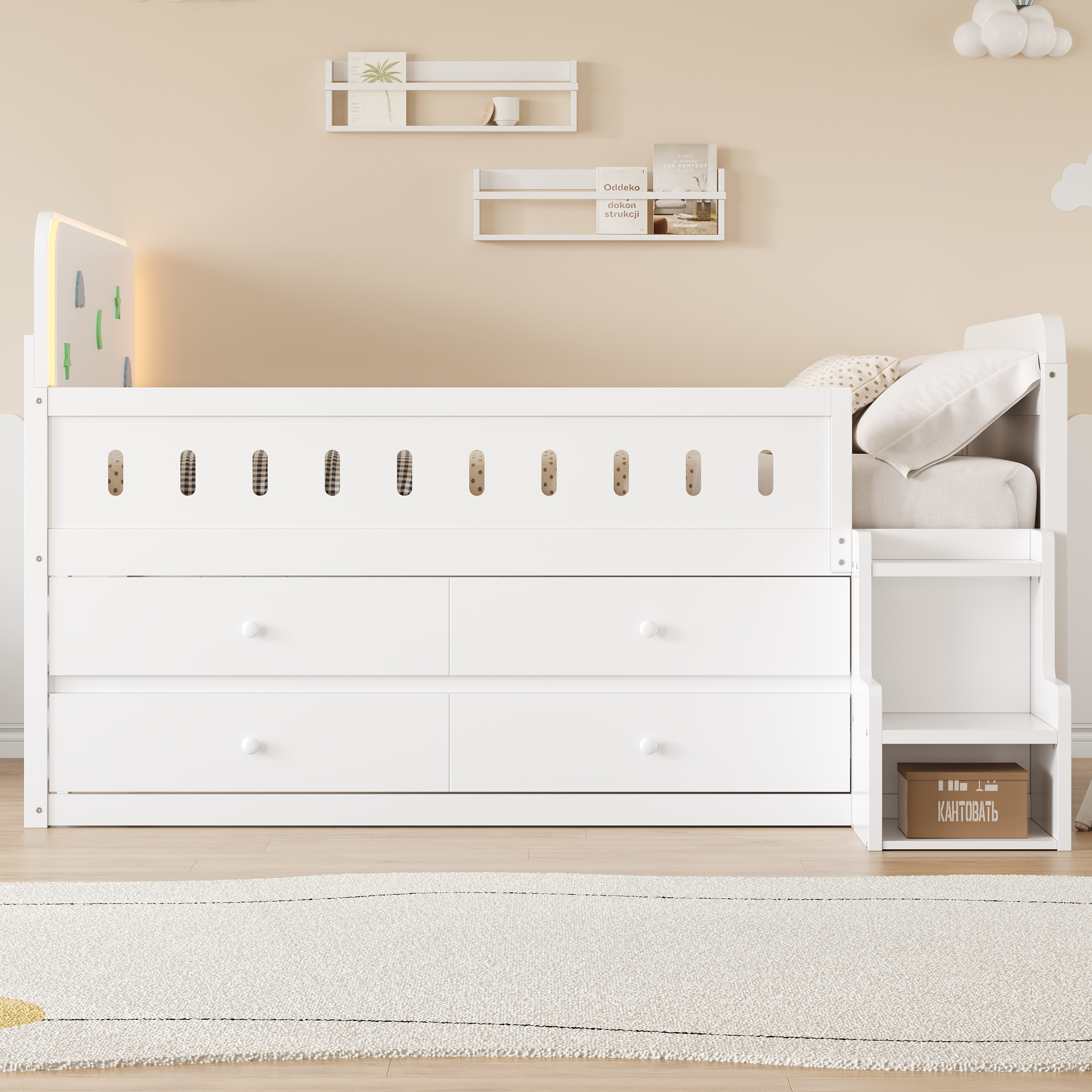 Euroco Wood Full Size Platform Bed with 4 Drawers and LED Light, Low Profile Kids Bed with Storage, White