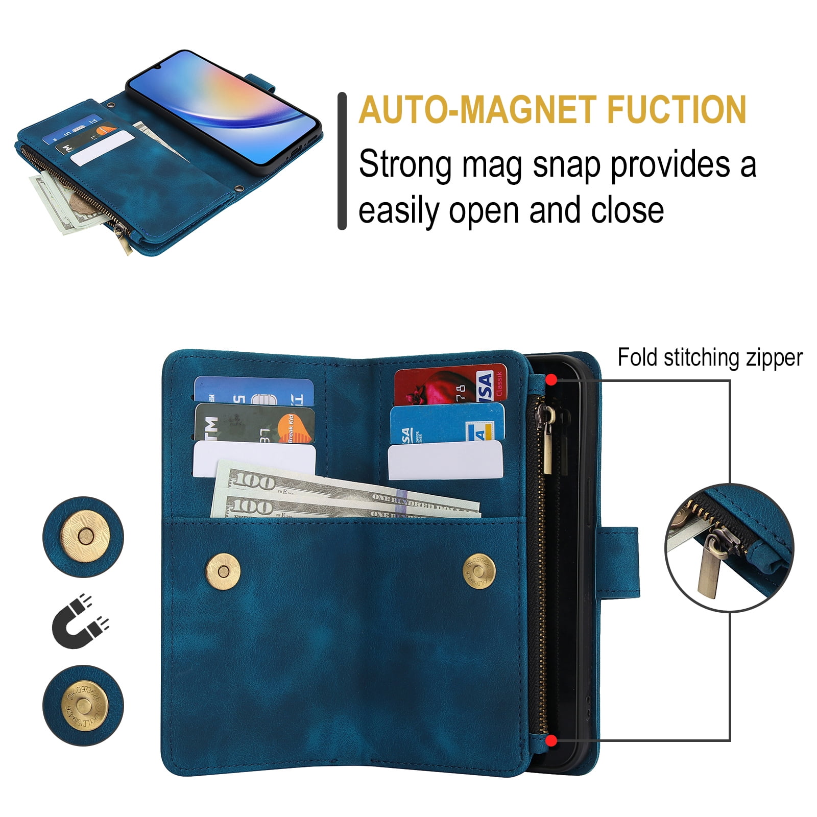 for Samsung Galaxy A16 4G/5G Wallet Case with Card Holder for Women Men, Phone Case RFID Blocking PU Leather Flip Shockproof Cover with Shoulder + Wrist Strap Zipper Credit Card Slots Stand, Blue