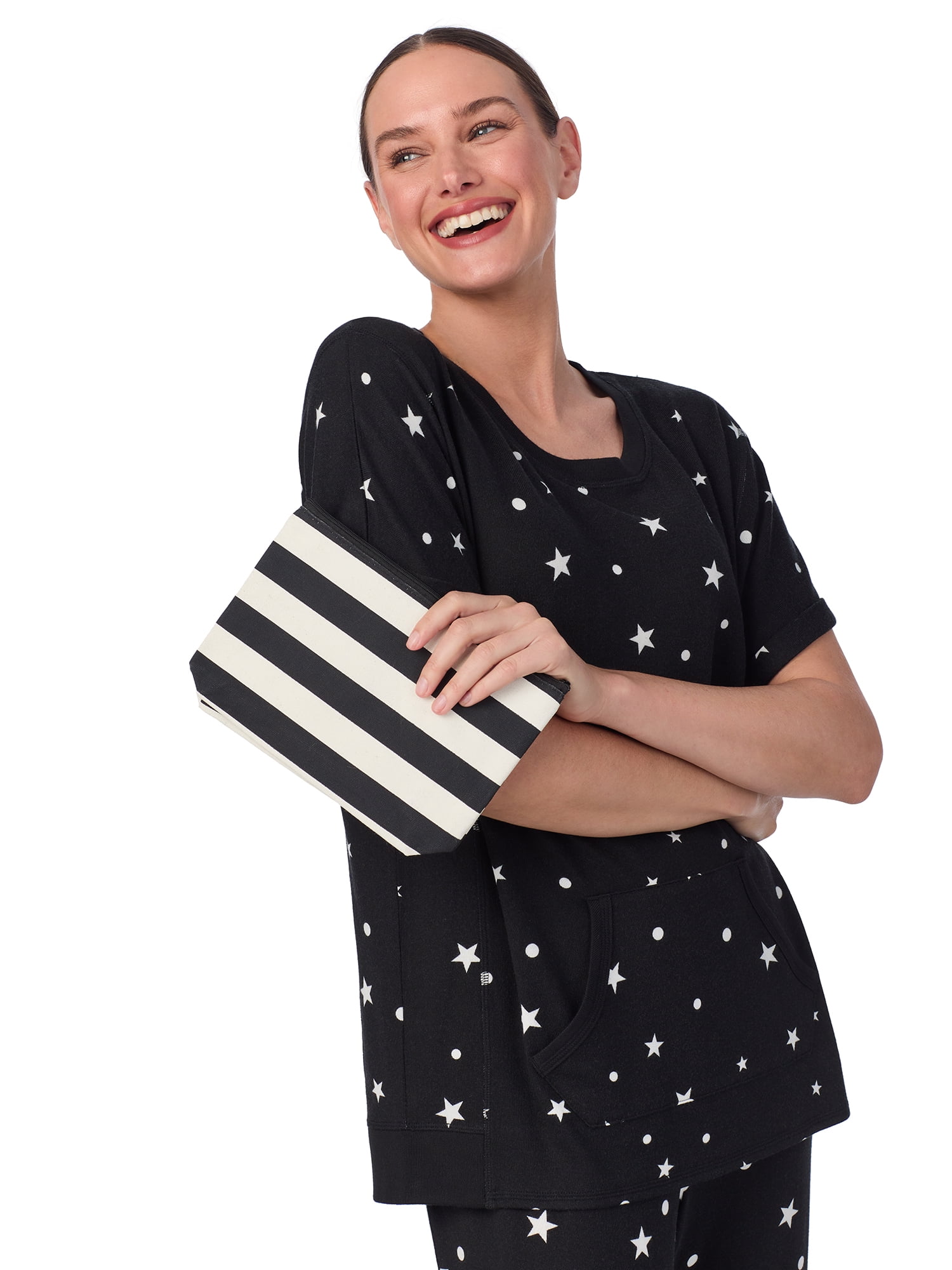 Secret Treasures Women's and Women's Plus Short Sleeve Top and Joggers with Makeup Bag, 3-Piece Knit PJ Set