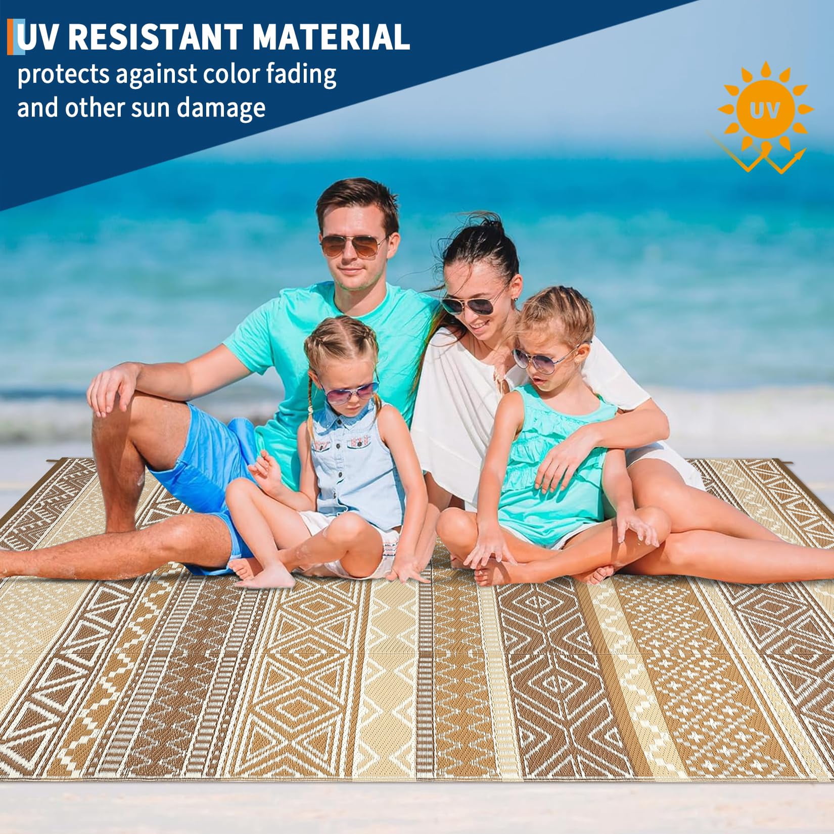 Waterproof & Reversible Outdoor Rug – Durable Patio Carpet for Camping, RV, Deck, Picnic, Porch, Backyard – Lightweight, UV & mark Resistant