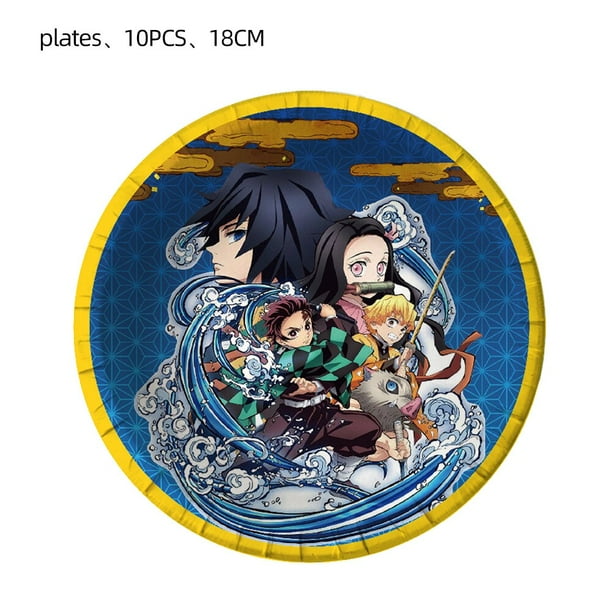 Decoraciones de fiesta de cumpleaños de Anime Demon Slayer, vajilla de globo, taza de papel, placa, pegatina, No Yaiba Kimetsu, suministros para fiesta de cumpleaños