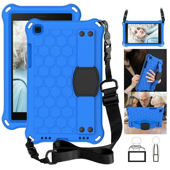 Galaxy Tab A 8.0 (T290 T295) 2019 Case, Allytech Silicone Rugged Shockproof Heavy Duty Protective Silicone Back Cover with Kickstand Pencil Holder Shoulder Strap Case Cover for Kids Kiddie, Blue