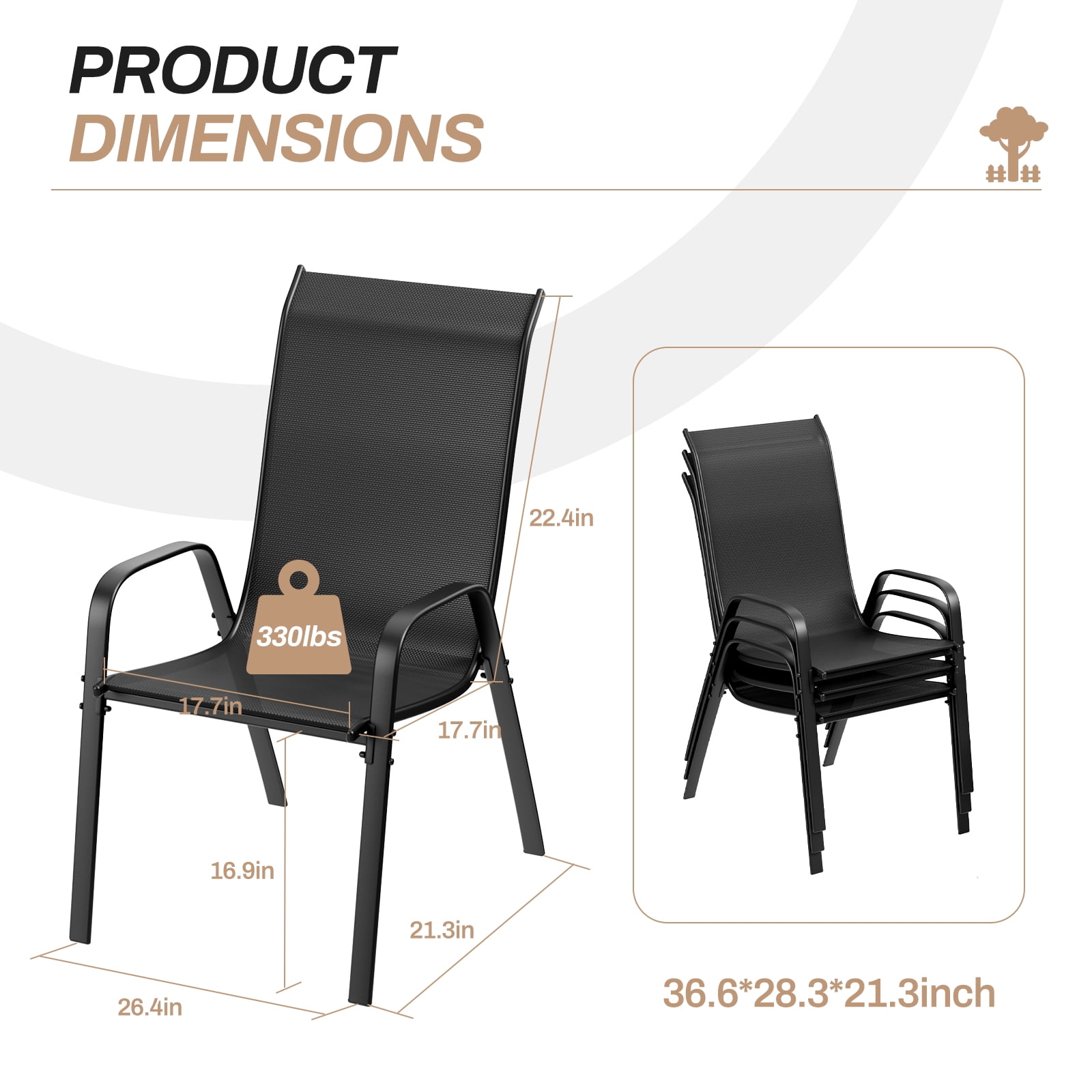 Arlopu Patio Dining Chairs Set of 4, Outdoor Stackable Chairs for Backyard Porch Garden, Black