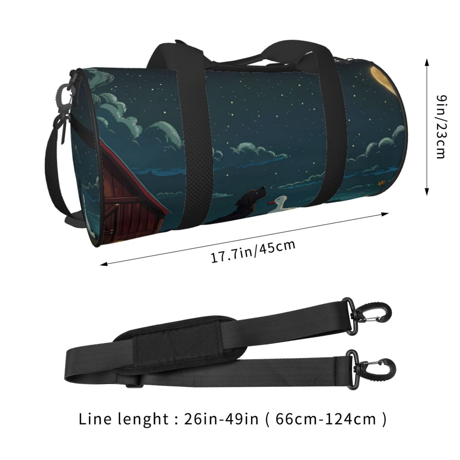 Vsdgher Farm Dog Duck Moonlight 45L Foldable Duffel Bag, Sports Gym Bag,Overnight Bag, Portable Weekender Bag for Airplanes