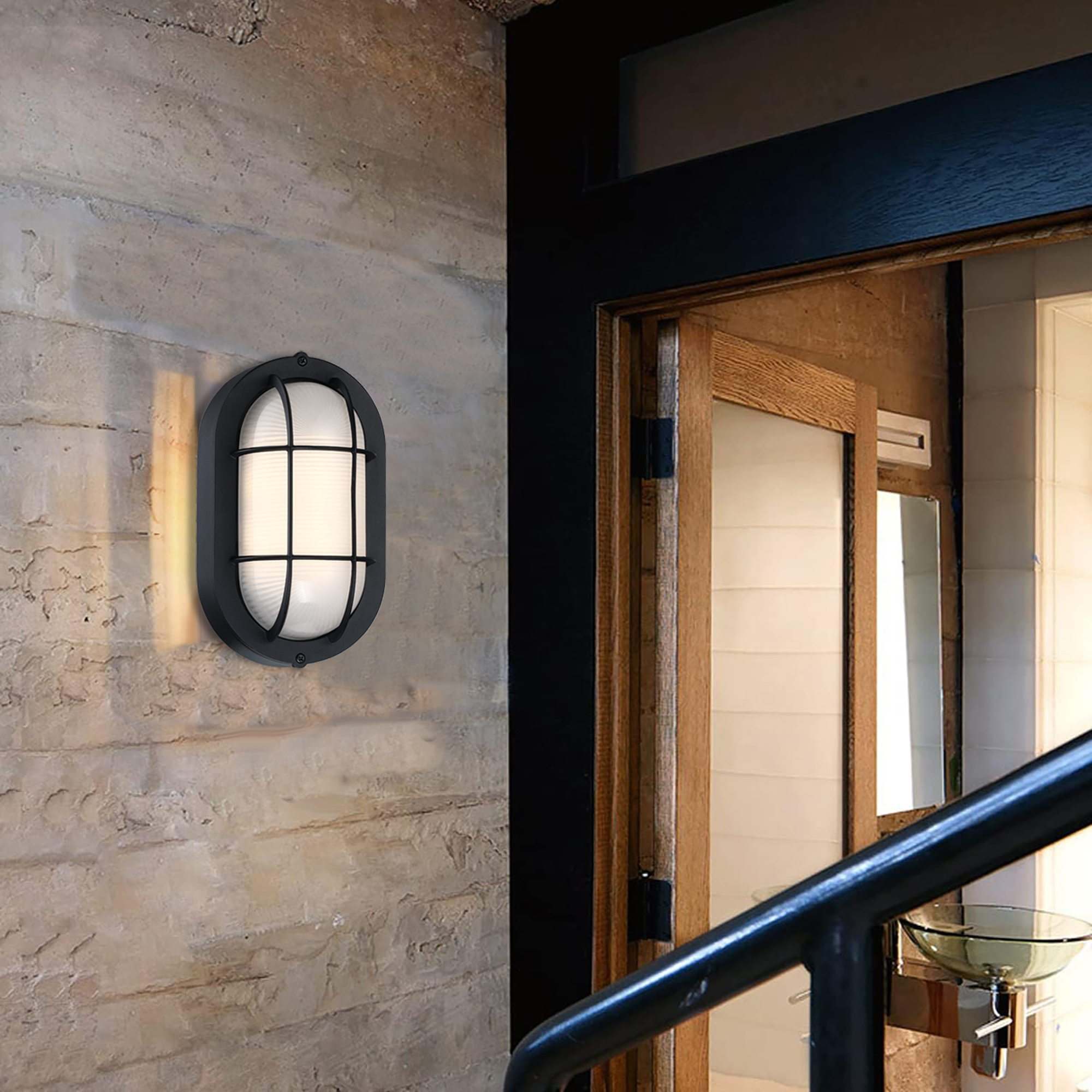 Industrial LED Outdoor Light Fixture Wall Mount with Ellipse Frosted Glass Shade, Dimmable, 3000K, 450 Lumens