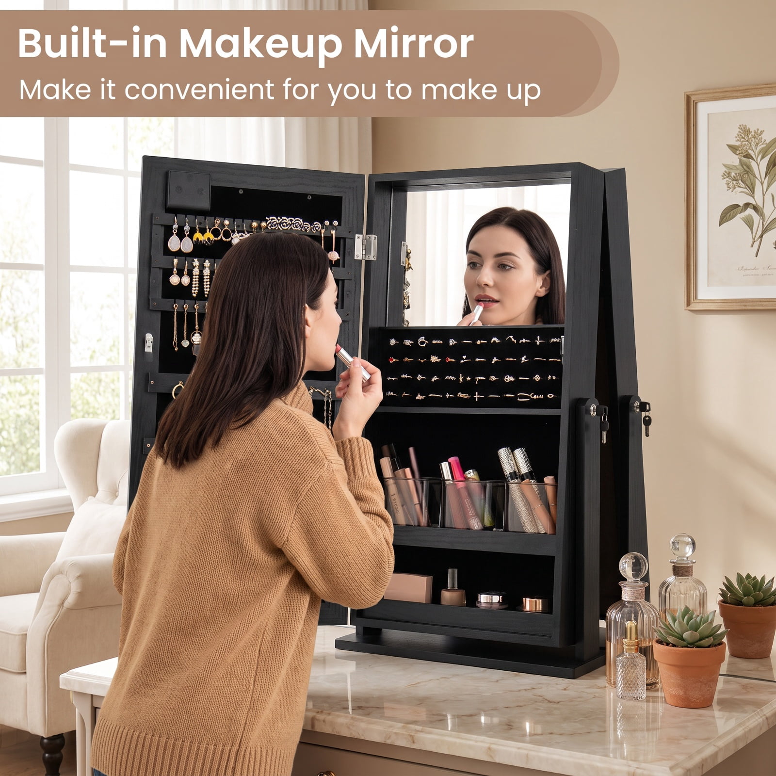 Furnibear Mirror Jewelry Cabinet with 20 Warm Lights and 4 Tilt Angles for Bedroom Dressing Room Jewelry Necklace Rings Storage Mirror, Black