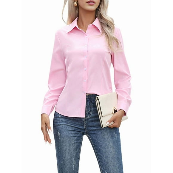 Super Soft Wrinkle Free Button Down Shirts for Women Solid Long Sleeve Striped Formal Work Dress Blouses Tops Pink XXL