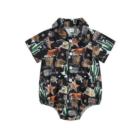 

Inevnen Western Baby Boy Clothes Button Down Onesie Dress Shirt Cow Print Romper Bodysuit Gentleman Cowboy Outfit
