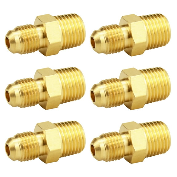 (6 Pack) Brass Half Union Coupler Adapter, 1/4" Flare x 1/4" NPT Male Hex Nipple, Pipe Fitting Gas Adapter