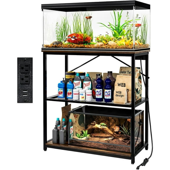 Fish Tank Stand 10/20/29/37 Gallon, Aquarium Stand with Charging Station,1000LB Capacity ,31" L x 16" W Metal Reptile Tank Stand, Double Storage Design Adjustable Boards, Brown(Tank not Included)