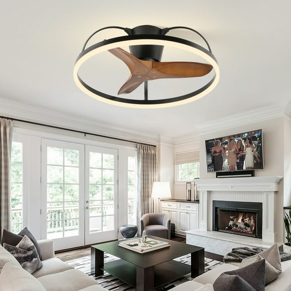 Solid Wood Blade Ceiling Fan with Light and Remote – 24in Low-Profile Design, 3000-6000K Dimmable Modern Flush-Mount LED Fan Light, Fandelier for Bedroom, Kitchen, Living Room