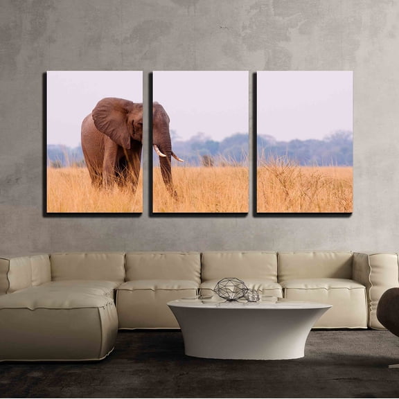 wall26 - 3 Piece Canvas Wall Art - African Elephant Feeding in a Savannah Flood Plain - Modern Home Art Stretched and Framed Ready to Hang - 24"x36"x3 Panels