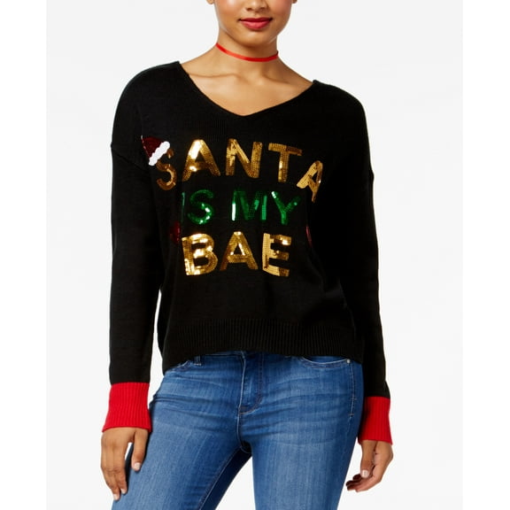 Hooked Up By Iot Juniors Santa Bae Graphic Sweater Black Combo M