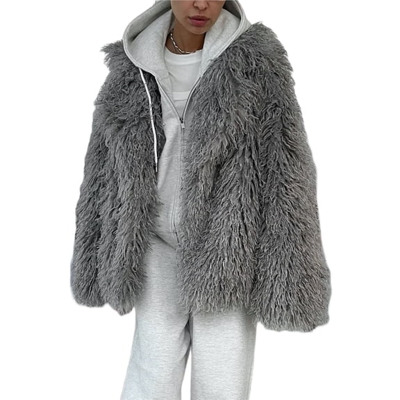Womens Winter Warm Lapel Faux Fur with Inner Lining Coats Gray M