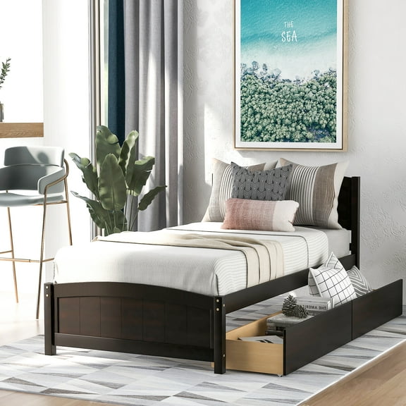 Holaki Wood Twin Size Bed with 2 Storage Drawers for Kids, Espresso