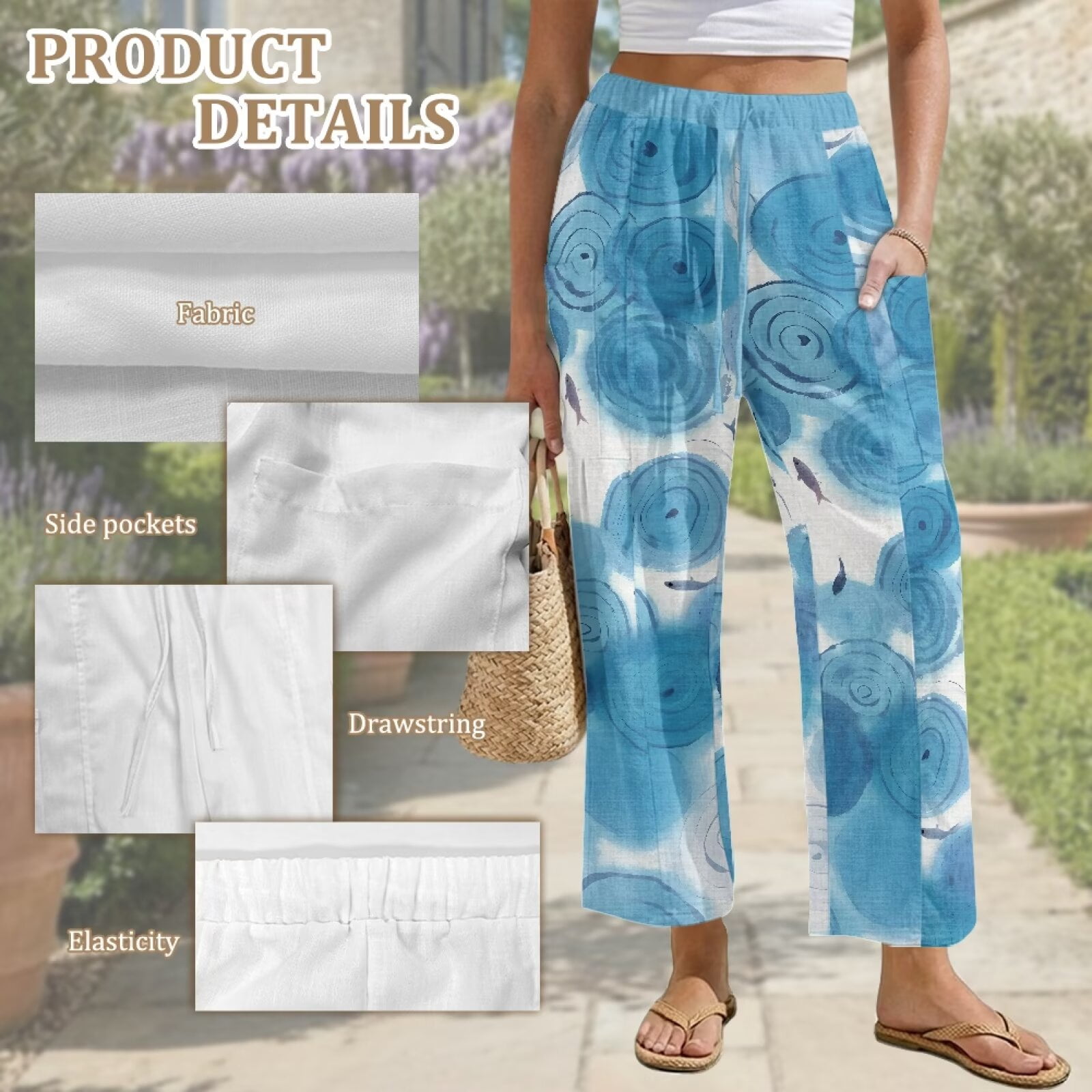 Yuyamidu Chinese Blue Wave Women's Linen Casual Pants Petite Size M Relaxed Fit Flowy Travel Pants Drawstring Lounge Palazzo Trousers Chinese Print Outfits