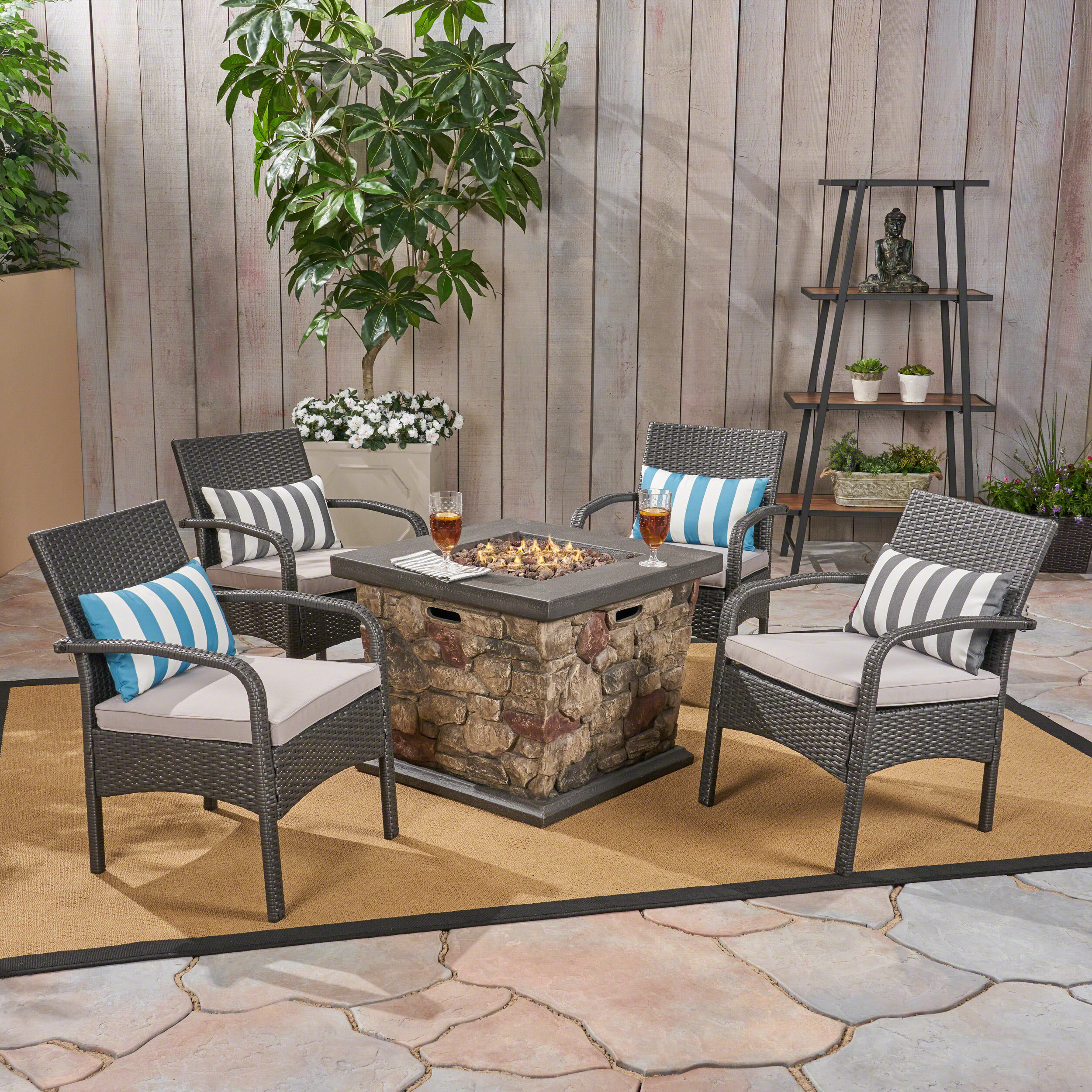 Capitan Outdoor Wicker 5 Piece Patio Chat Set with Stone Finished Fire Pit