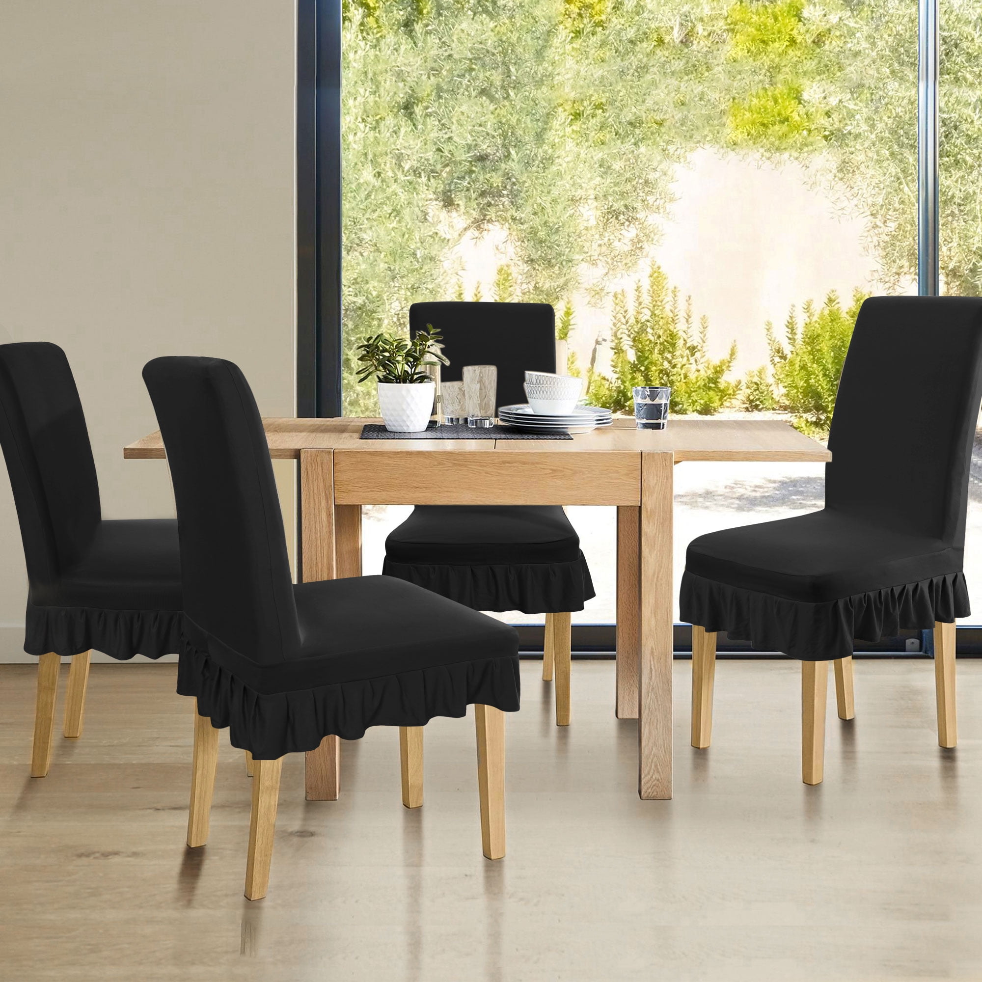 Unique Bargains Ruffled Skirt Dining Chair Cover Ruffled Seat Slipcovers Black M