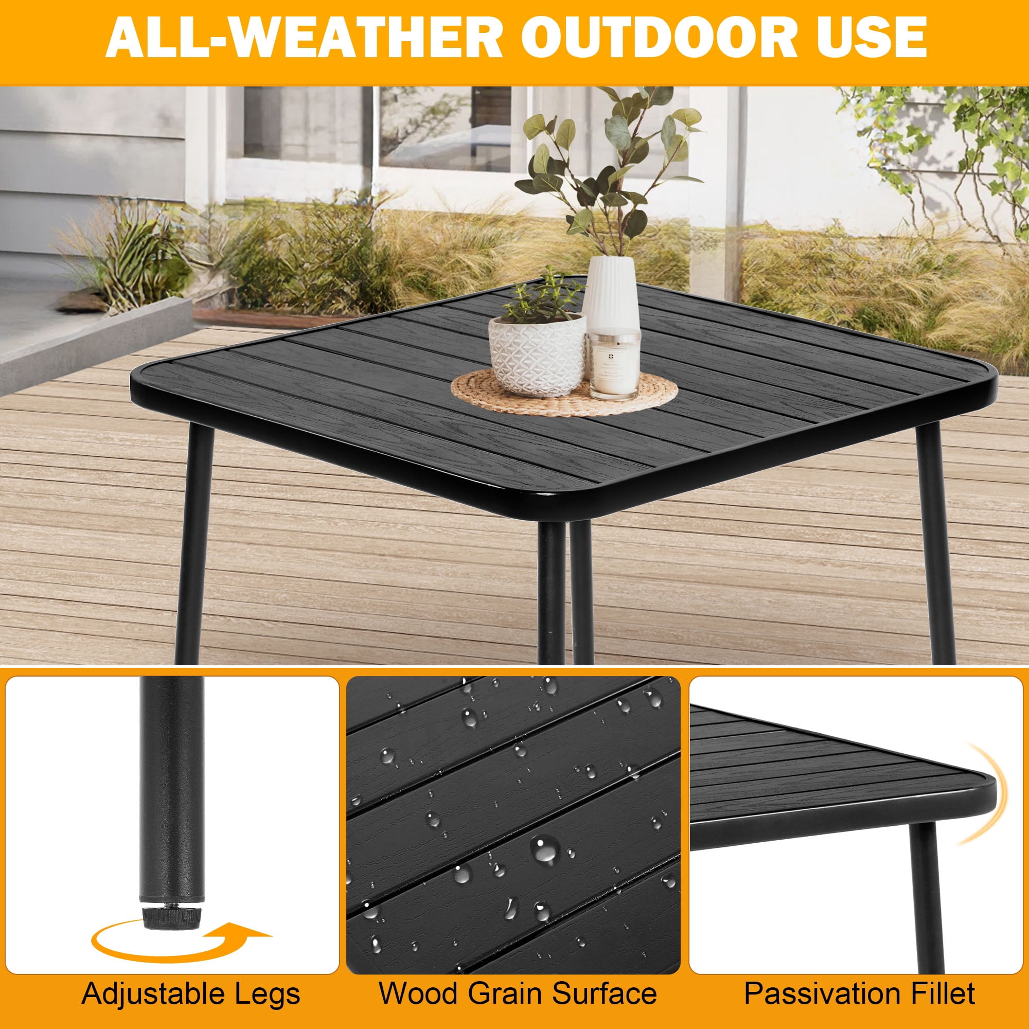 Clearance Outdoor Patio Dining Set for 4, Outdoor Furniture Plastic Table and Chairs, 5-piece Patio Set w/Square Table and Stackable Armchairs, Wood Grain Top, Heavy-duty Steel Frame, Black