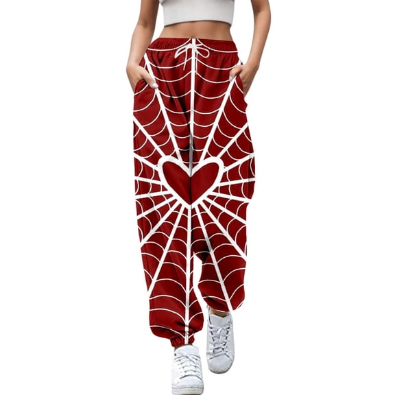 ZHOUCHANKIDS Women's Fashion Casual Valentine Printed Elastic Waist Tracksuit Slacks Comfortable Pants for Everyday Wear Red M
