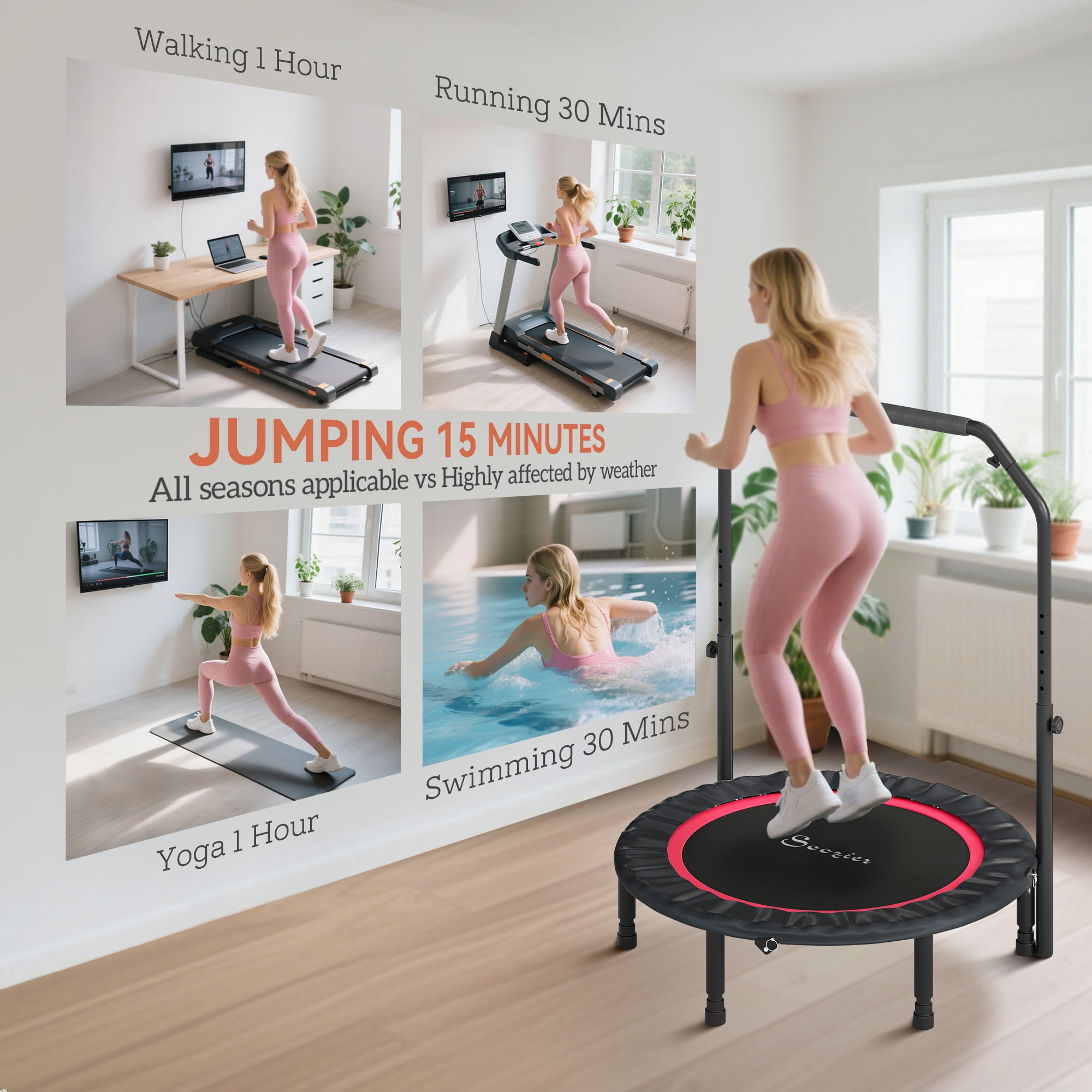 Soozier 40" Foldable Mini Trampoline, Rebounder Trampoline for Adults with Adjustable Foam Handle for Indoor Outdoor Workout, Max Load 330 lbs, Red