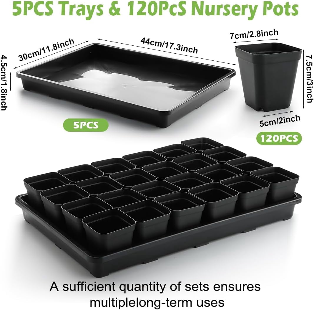 3.5 inch (9CM) Square Nursery Pots 60pcs, Sturdy Seedlings Trays 5 Pcs, Seeds Starter Germination Tray, Microgreenings Planter Nursery Propagation 5 Sets