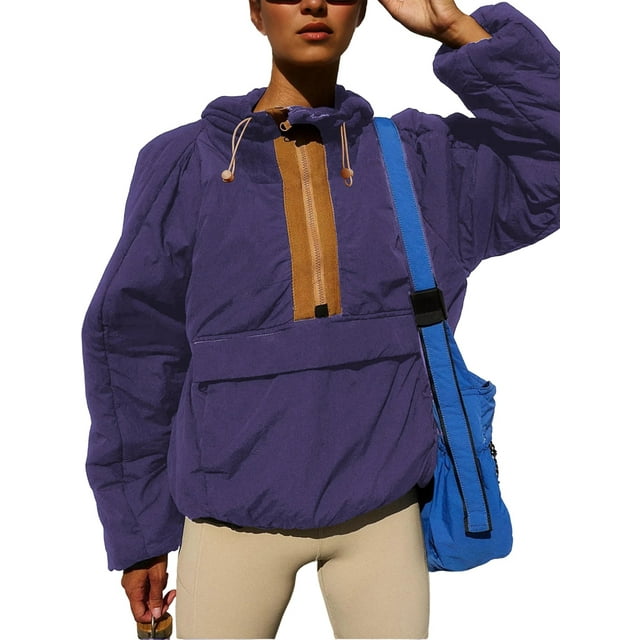 Veste Ample à Manches Longues pour Femmes, Col Rond, Demi-Fermeture à Glissière, avec Capuche et Cordon de Serrage, Violet Profond S