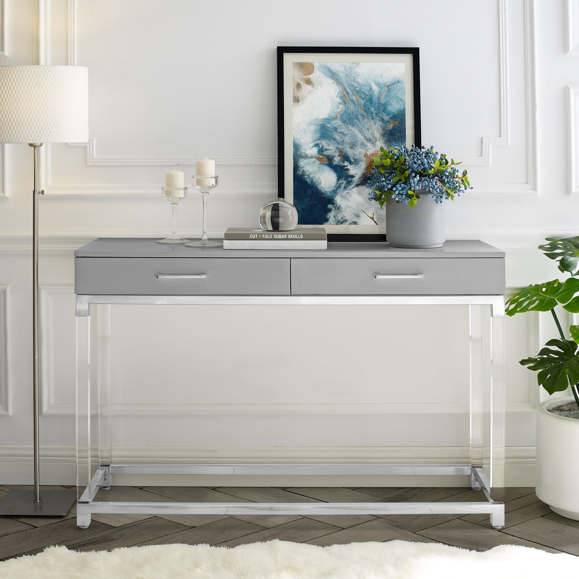 Ebbe Light Grey Chrome Console Table High Gloss Finish Acrylic Legs Stainless Steel Base 2 Drawers