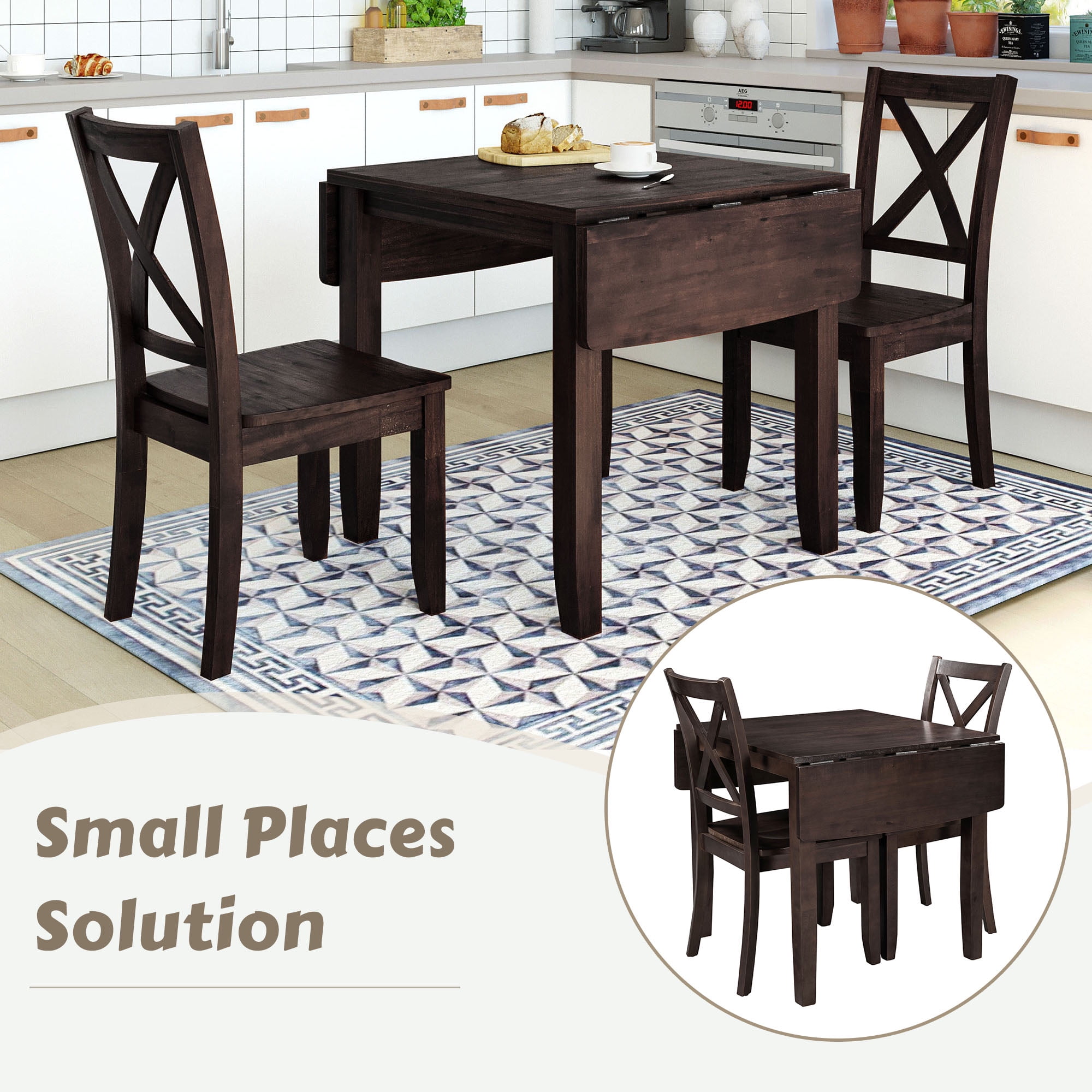 MAYEERTY 3-Piece Wood Drop Leaf Breakfast Nook Dining Table Set with 2 X-back Chairs for Small Spaces, Espresso