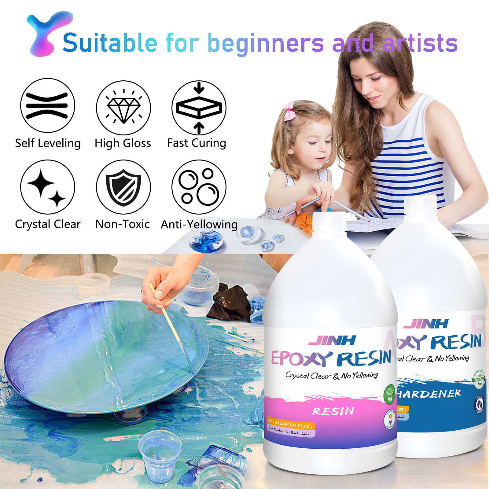 JINH Epoxy Resin 2 Gallon, Upgraded Crystal Clear Epoxy Kit UV Resistant No Bubble Self Leveling, 1 Gallon Resin and 1 Gallon Hardener Kit for DIY Art, Jewelry, Resin Art, Molds, Countertops