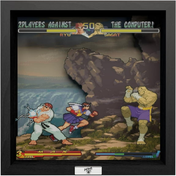 Pixel Frames Street Fighter Alpha 2: A Dramatic Battle 3D 9x9 inches Shadow Box Art - Officially Licensed by Capcom