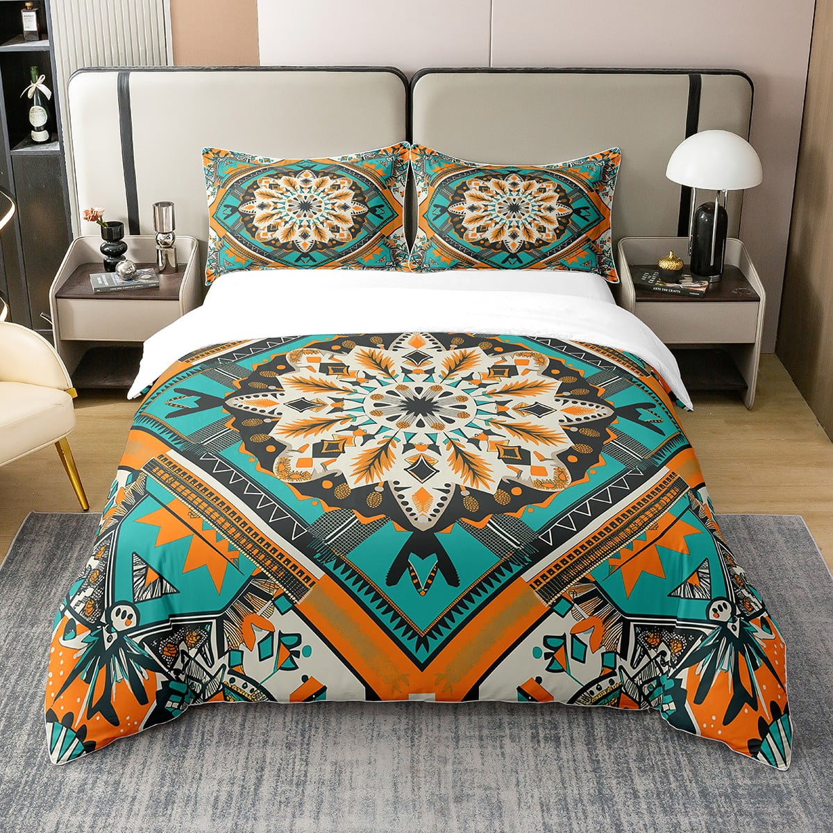 Bohemian Pattern 100 Organic Cotton Comforter Cover Twin Size Retro Floral Design Bedding Set For Teenager Orange Yellow Feather Duvet Cover Vintage Boho Abstract Art Bed Set Bedroom Decor 2Pcs Walmar...