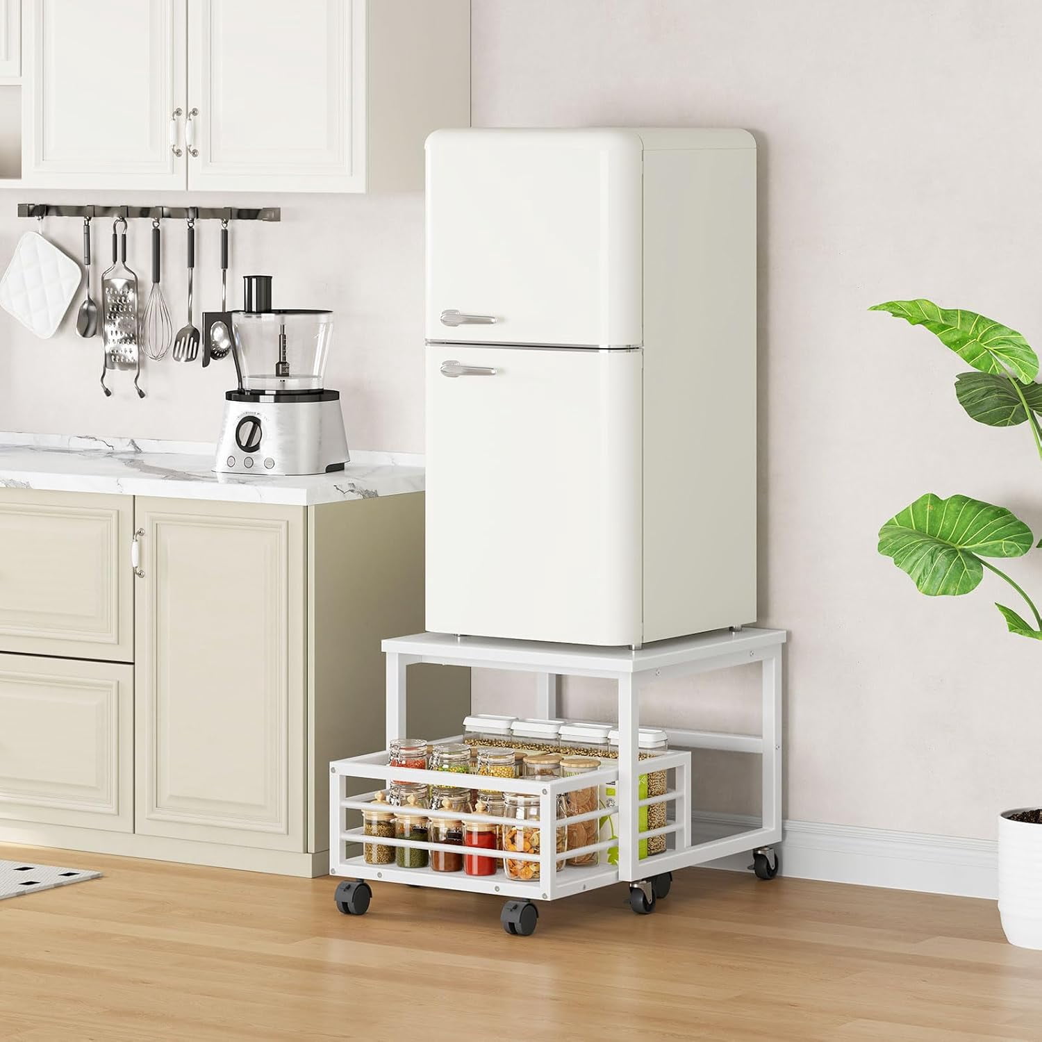 Mini Fridge Stand with Movable Storage Basket, Mini Fridge Cabinet with Wheels and Adjustable Feet, Sturdy Metal Frame, for Home, Apartment,Office, Dorm