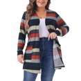 thumbnail image 1 of Cárdigan Plus Size Agnes Orinda para Mujeres, Abierto Frontal, de Manga Larga, con Rayas de Color Contrastante y Bolsillos, 1X Negro Rojo, 1 of 6