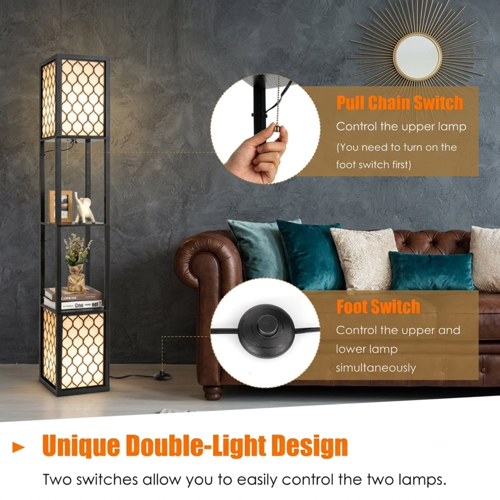 Vebreda Modern Freestanding Shelf Floor Lamp with Double Lamp Pull Chain and Foot Switch for Living Room-Black White | Shelf Standing Lamp