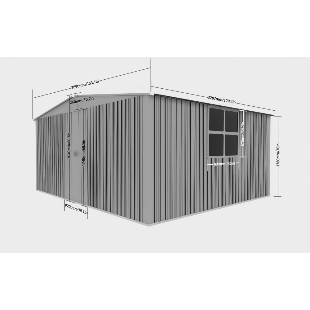 Versatile 11ft x 13ft Grey Outdoor Storage Shed – Dual Function as Metal Shed and Firewood Shed! Perfect for Organizing Tools and Storing Firewood in Style!