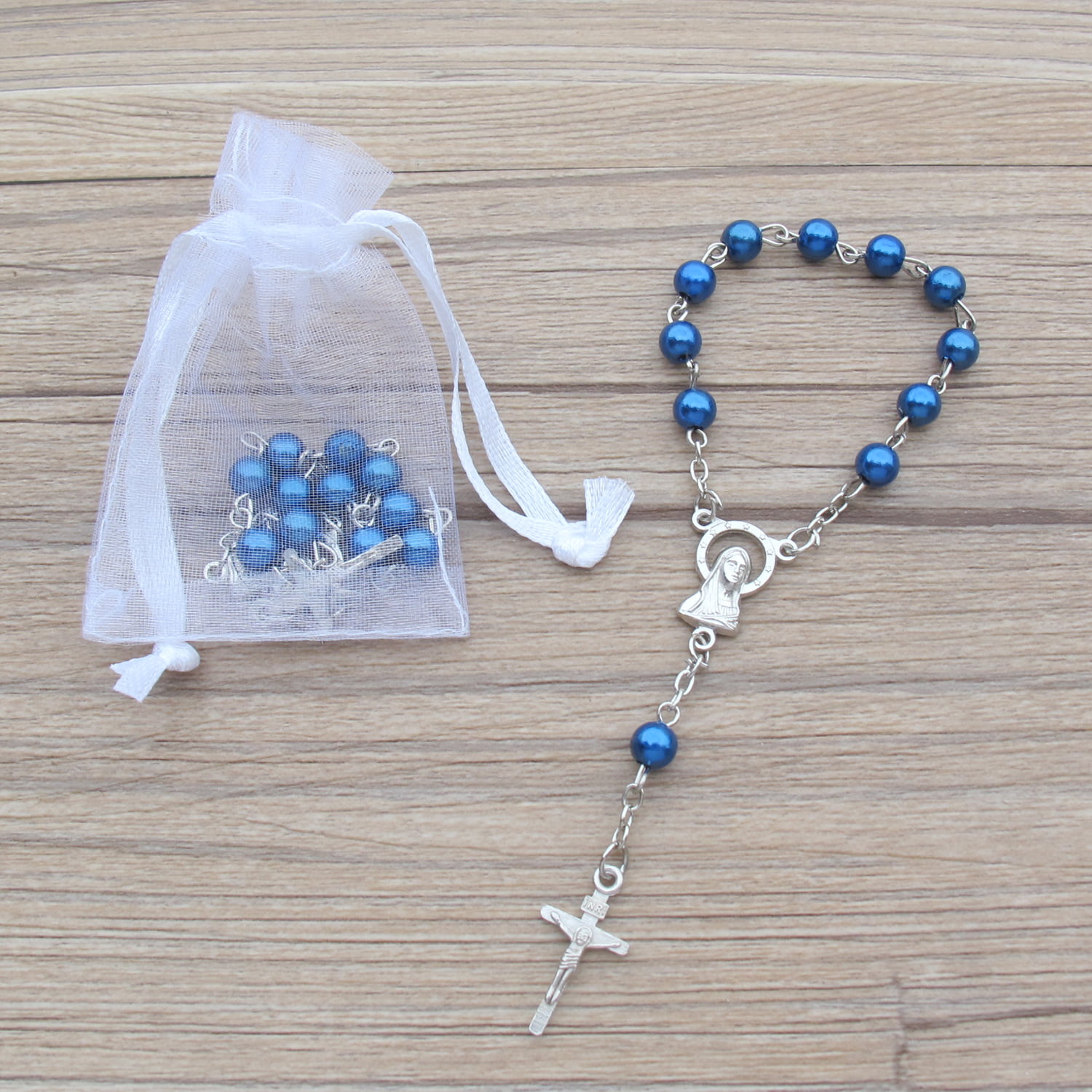 Baptism Favors 7 Inch Mini Rosary Pearl Beads with Silver Plated Accen