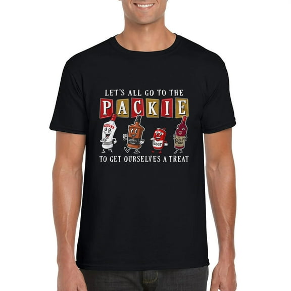 Let's All Go To The Packie Funny Boston Liquor Store Slang Graphic T-Shirt, for men & women, up to size 5XL