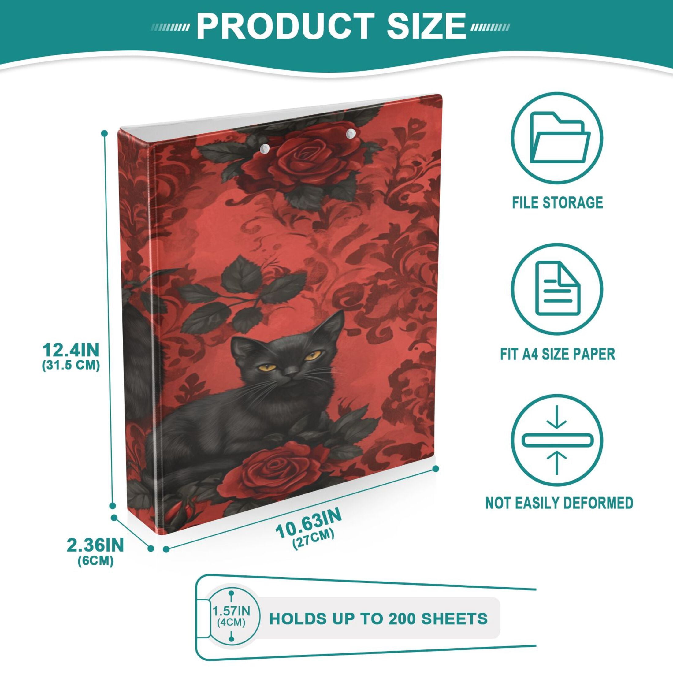 WOBOGO Gothic Roses Black Cats Pattern File Folders Extra Large Capacity to Hold 200 Sheets of Documents Hard Shell Ring Binder for School Home Office