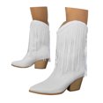 thumbnail image 2 of Bottes pour Femmes Décoration à Franges Talon Carré Bout Rond Dessus en PU Semelle en Caoutchouc Rétro Confortables Chaussures Décontractées pour Usage Quotidien, 2 of 3