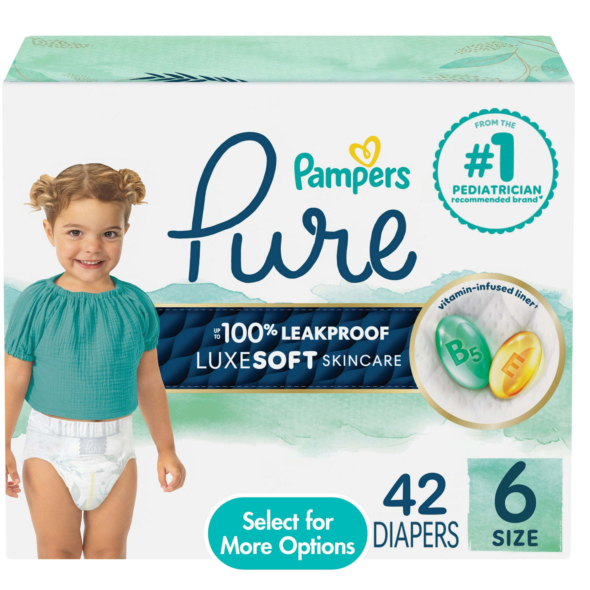 Pampers Pure Baby Diapers, Size 6 (35+ lbs), 42, up to 100% Leakproof