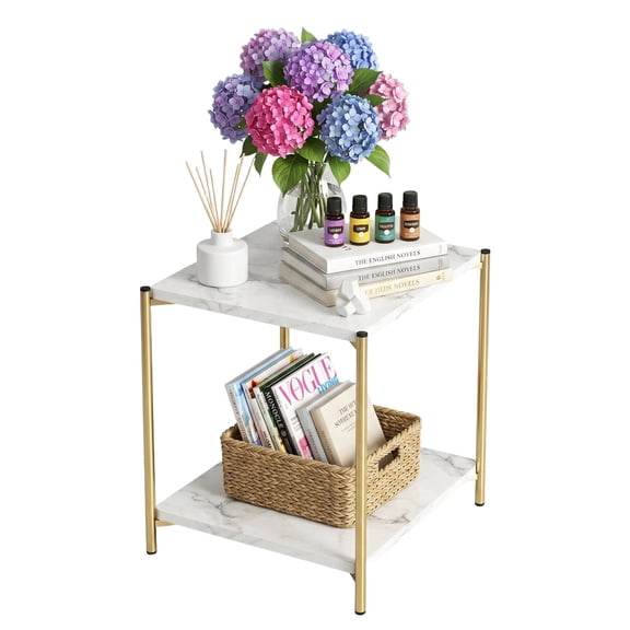 PinkSheep Side Table, 2 Tier Small End Table Accent Table Tray Table with Storage for Living Room Bedroom Small Spaces, White Marble Print