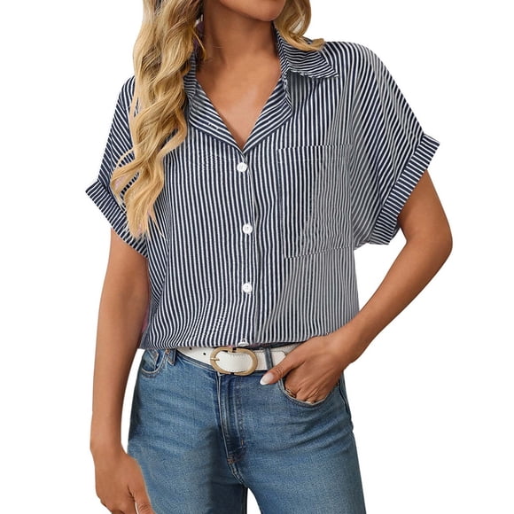 GPOECD Chemises pour Femmes Coupe Ample Manches Courtes Blouse Décontractée à Rayures Col en V avec Poche Haut pour Femmes Style Décontracté Hauts Décontractés pour Femmes Bleu Marine,G