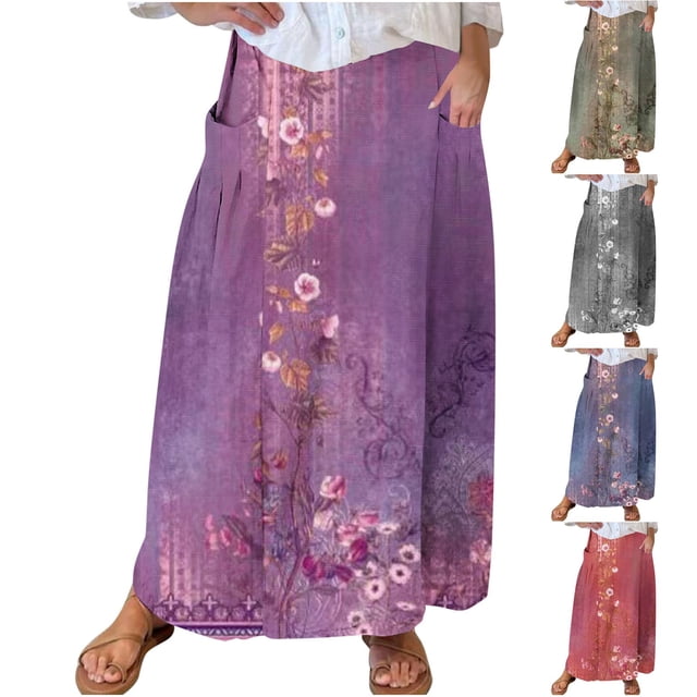 Sentmoon Ruffle Skirt Plus Size High Waist Boho Long Skirt with Pockets Pleated Beach Floral Print Loose Breathable Flowy Skirt Comfy Winter for Christmas Dinner M