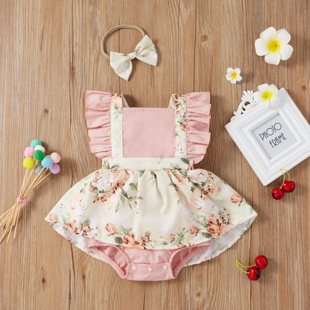 

RPVATI Baby Girls Sleeveless Infant Rompers Floral Printed Clothes Ruffle with Headband Summer Jumpsuit 3M-18M