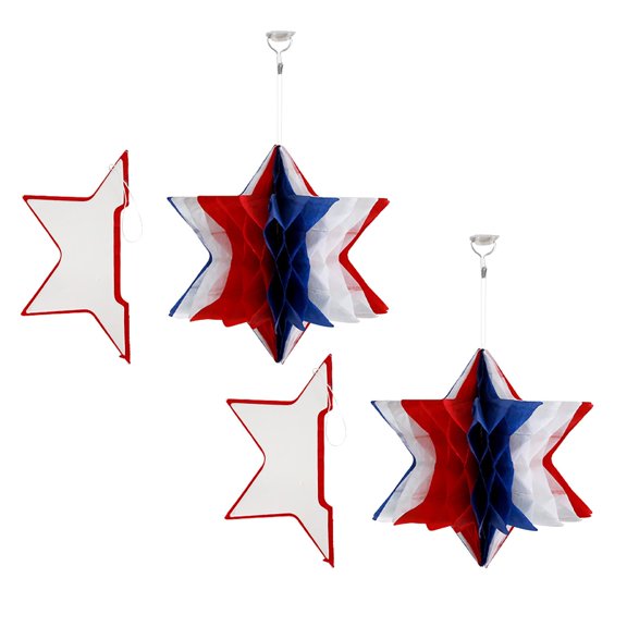Patriotic Honeycomb Party Decor - Red Blue White Paper Pom Poms & Fans - 4th of July Wedding, Graduation & Independence Day Hanging Decorations - Bulk Party Supplies